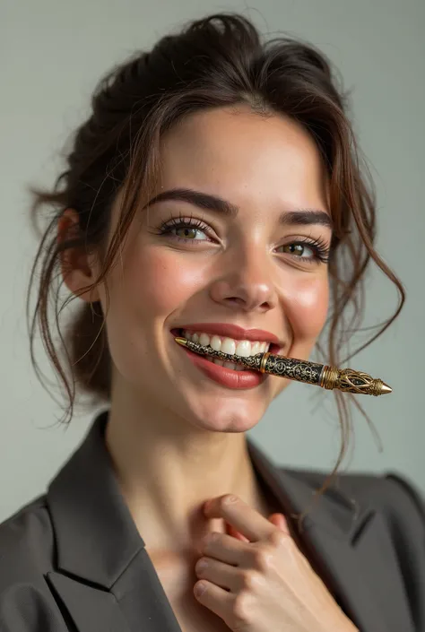 Generate a woman smiling proudly displaying an intricate pen glued between her teeth 