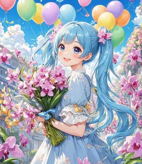  girl holding lots of orchids   ,   light blue long hair、   cute Ichibi character with twin tails、 、 holding a bouquet of orchids with a smile while looking up at the blue sky、 cute anime digital art  ,   cute digital paint ,   Balloon art with bouquets   ...