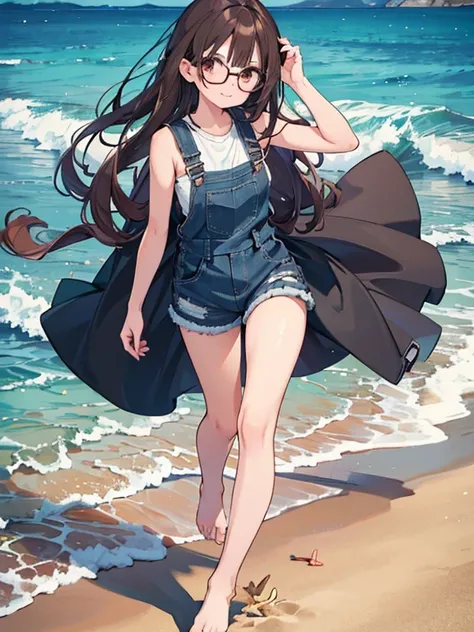  1 female、 brown hair 、 brown eyes 、 black-framed glasses 、 seductive 、 beautiful faces 、 perfect body。 Full body ,  envelopes、 ultra Detailed 、 resolution 8k、photo and rude。  running on the beach  。 sleeveless shirt, barefoot,  evening dress、denim shorts ...