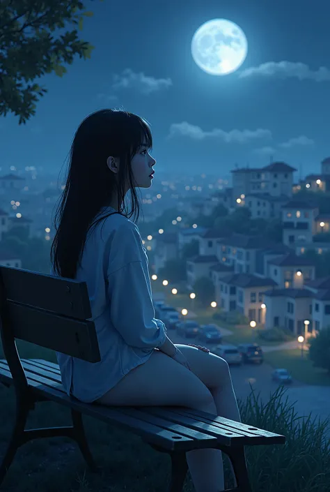  a 25-year-old girl ,  black hair ,  light blue eyes,  white skin , with slender body, She is sitting on a bench where she is looking at the full Moon, What is it about a beautiful city full of buildings and houses.  ultra realistic image 