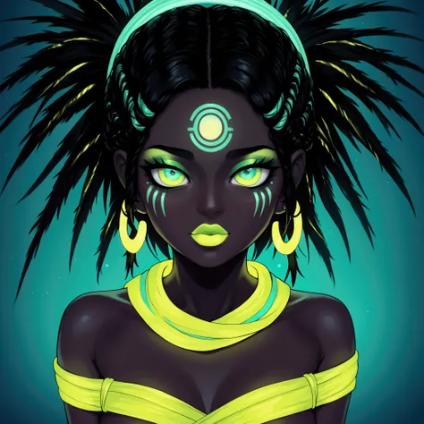 The character is a bold and striking futuristic figure with an artistic, avant-garde style. Her deep ebony skin is a flawless backdrop for the neon green accents that define her captivating appearance. Her hair is styled in chunky, twisted locks intertwine...