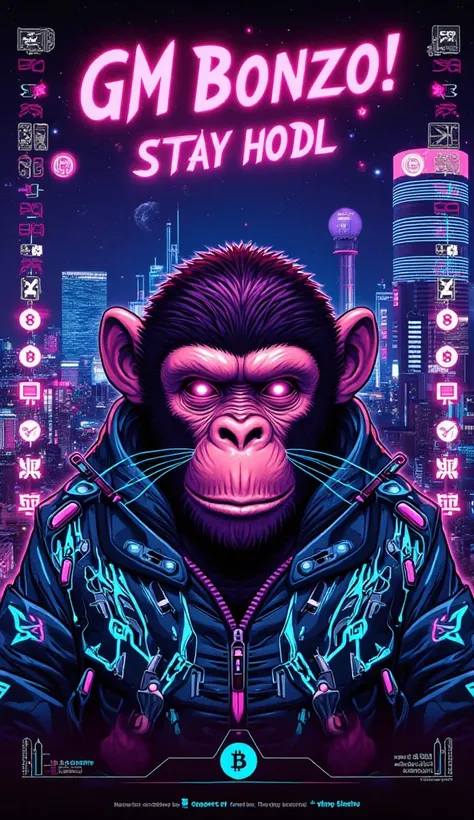 I want a poster of a monkey generated , runes , cryptocurrency with Bitcoin and that says GM Bonzo ! STAY HODL, cynerpunk style, tokyo night light, neon