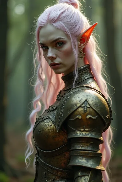 Upper body shot, female, pointy elf ears, white skin, pale pink hair, closed mouth, antique bronze armor, combat pose, dynamic pose, complex fantasy character, NSFW, cinematic lighting, fantasy, magic, detailed background, on a wooded battlefield, best qua...