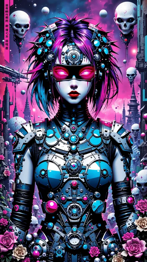 ((best quality)), ((masterpiece)), (detailed), perfect face of cyberpunk mecha japanese girl with neon red techno blindfold, neon blue body, neon purple hair, ((monochromatic neon red, blue, and purple color palette)), surreal, art nouveau, in the illustra...