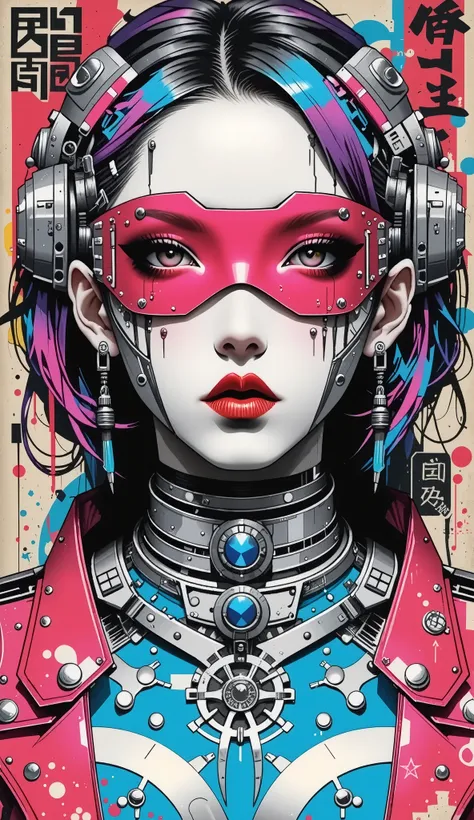 ((best quality)), ((masterpiece)), (detailed), perfect face of cyberpunk mecha japanese girl with neon red techno blindfold, neon blue body, neon purple hair, ((monochromatic neon red, blue, and purple color palette)), surreal, art nouveau, in the illustra...