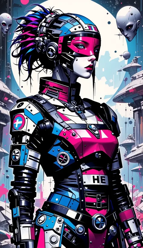 ((best quality)), ((masterpiece)), (detailed), perfect face of cyberpunk mecha japanese girl with neon red techno blindfold, neon blue body, neon purple hair, ((monochromatic neon red, blue, and purple color palette)), surreal, art nouveau, in the illustra...