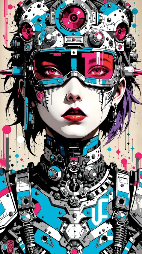 ((best quality)), ((masterpiece)), (detailed), perfect face of cyberpunk mecha japanese girl with neon red techno blindfold, neon blue body, neon purple hair, ((monochromatic neon red, blue, and purple color palette)), surreal, art nouveau, in the illustra...