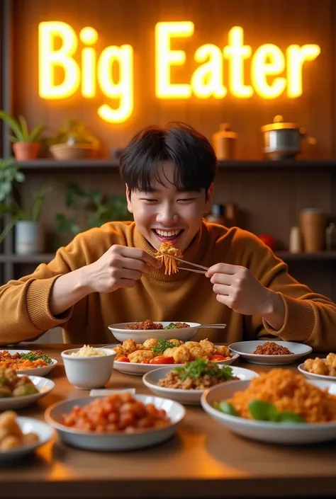 Create a picture.BTS member Jungkook is happily eating a lot of food. There are many dishes in front of him. Behind him, on the wall, it is written with yellow light.big eater 