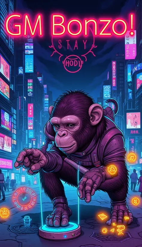 I want a poster of a monkey generated , runes , cryptocurrency with Bitcoin and that says GM Bonzo ! STAY HODL, cyberpunk style, tokyo night light, neon