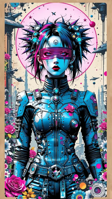 ((best quality)), ((masterpiece)), (detailed), perfect face of cyberpunk mecha japanese girl with neon red techno blindfold, neon blue body, neon purple hair, ((monochromatic neon red, blue, and purple color palette)), surreal, art nouveau, in the illustra...