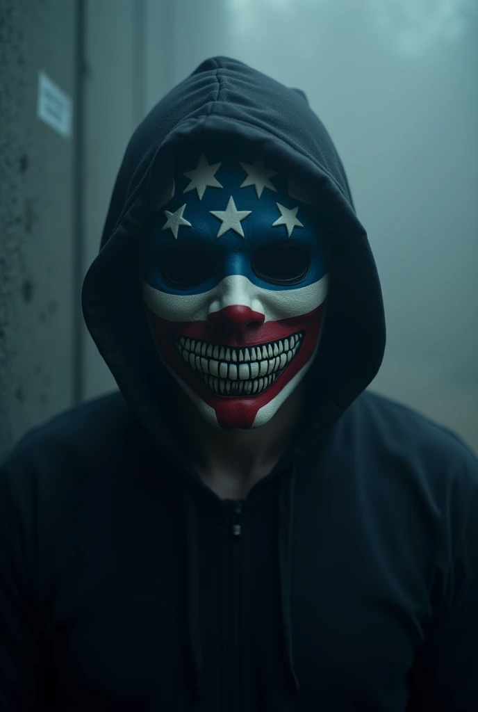  An enigmatic figure wearing a stylized mask inspired by a patriotic design,  with star patterns and stripes in shades of blue ,  red and white . The mask completely covers the face,  highlighting the sinister smile and shaded eyes ,  while the figure wear...