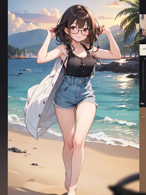    1 female、   brown hair   、   brown eyes   、   glasses with black frame   、   seductive 、   beautiful faces   、   perfect body。   full body ,  envelopes  、   ultra Detailed   、   resolution 8k、photo and rude。      running on the beach      。   sleeveless...