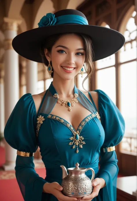 "A beautiful Middle Eastern woman with blue eyes, wearing simple East Asian (Arabian) attire, not adorned with jewelry yet exuding elegance. Her body is healthy, energetic, athletic, and full-figured. She is carrying a water jug on her head, facing the cam...