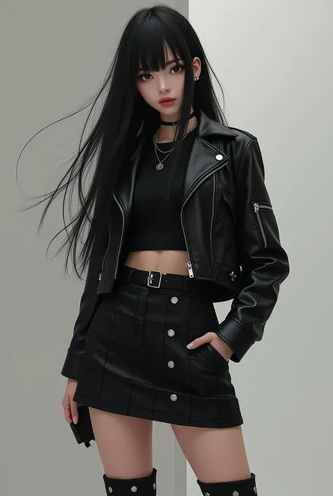     A girl with long black hair and bangs 、 wearing a black short checked skirt and a black mini jacket、 wearing high-heeled boots  