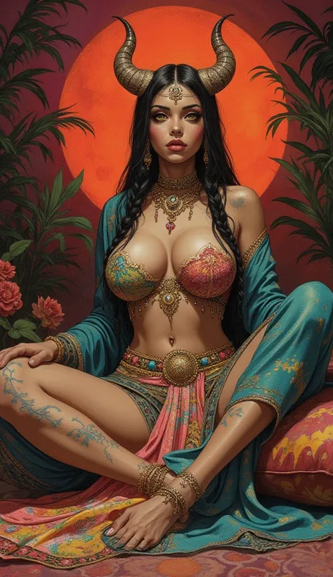 the proportions and detailed textures multicolored brushwork and softened with airbrush, semi-realism ink china illustration a young exotic Succubus odalisques of raqs sharqi (full body) and bold pose, perfect face, innocent look (bright yellow eyes) full ...