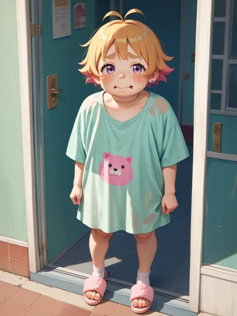 kawaii anime , Cinderella can't put on her glass slipper , (kawaii:0.3), ugly face , ugly loose body , (Freckles:0.9) , dull Fluttery clothes , shy geek