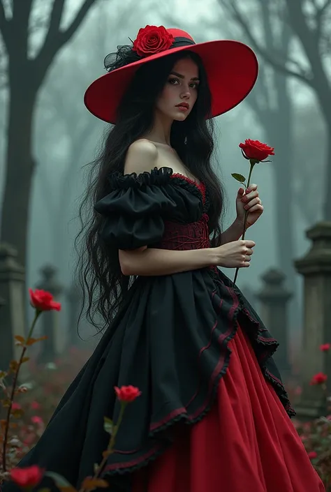  Beautiful girl with long wavy hair, dress with red and black ruffles, holding a red rose with both hands,  wearing a beautiful big red hat with a rose detail, In the landscape of a cemetery 