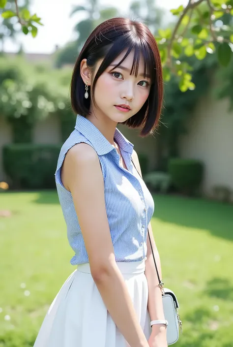 Masterpiece,   Top Quality  ,   1 girl,  full body ,  garden ,    pastel blue and white striped sleeveless shirt ,   white miniskirt ,    White High Socks   ,   boots ,  dark eye makeup and lips  ,  Cute Bags ,  crossbody bag、 neck necklace 、 short hair wh...