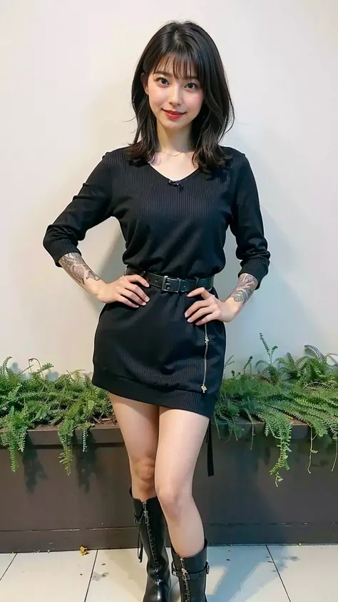 (8k、 RAW photo、 best quality 、Masterpiece:1.2)、( realistic、 realistic)、1 person、(( breast bulge、 Black Knit Dress、bangs、Thin legs、 jacket 、belt、smile、whole body、 medium hair with visible tattoos、 front view、Standing with hands on hips、garden、 boots、))、 is ...