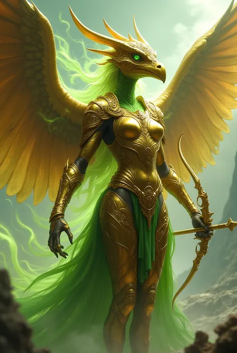 Realistic half woman half pteranodon, golden full body armor, with a golden bow, wind background, green aura, high detail armor, full body pict