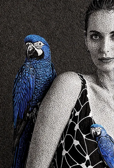 Black-and-white portrait photo of a woman, accompanied by a striking pop of color from her companion electric blue parrot. Contrast between the high-contrast black and white tones of the woman's visage and the bold, saturated hues of the bird perched upon ...