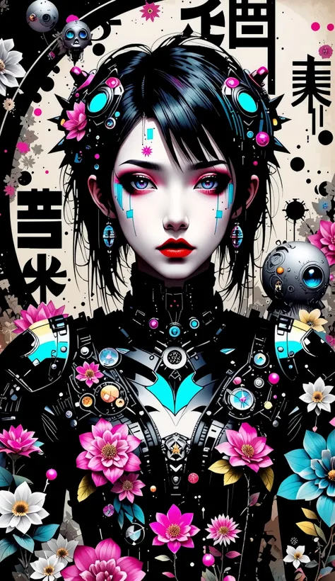 ((best quality)), ((masterpiece)), (detailed), perfect face of cyberpunk mecha japanese girl, neon rainbow eyes, metallic black body, rainbow hair, ((monochromatic neon rainbow color palette)), surreal, art nouveau, in the illustrative style of moebius, sp...