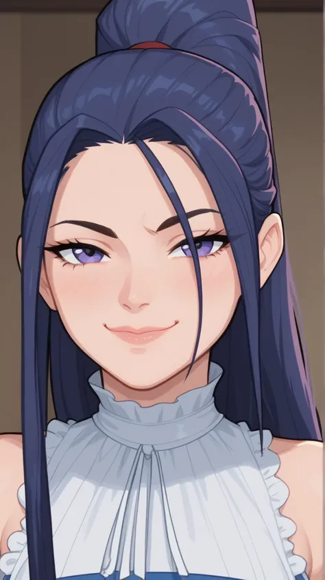  Psylocke ,  ((cartoon screencap 2d style  )), smug , closeup Portrait,  white ruffles blouse,  closed mouth, 