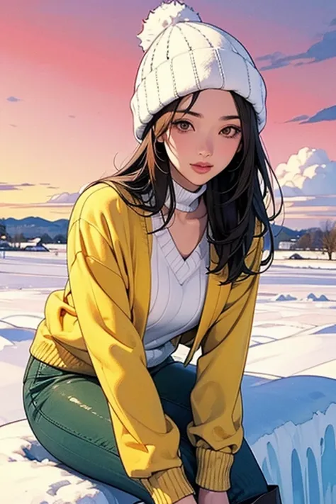  intense watercolor、 young Japanese woman 、Brown-black long hair 、 v-neck red sweater 、yellow winter clothes 、 white woolen hat、blue narrow pants 、 black boots、 beautiful faces 、 brown eyes、 pink lips、 Face Details 、Above the knee shot、Hokkaido's Snowy Sce...