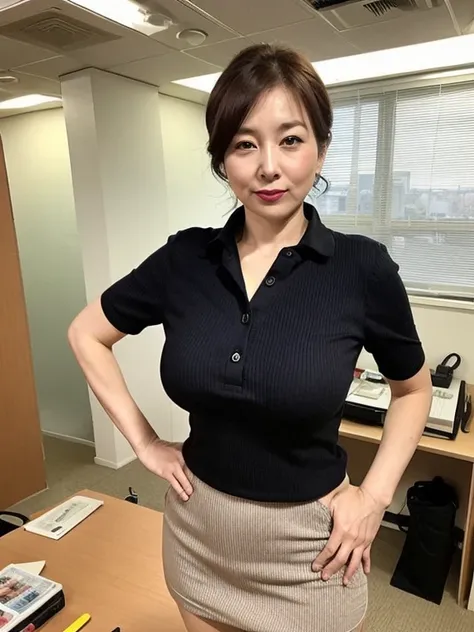 organic photography, highest quality, masterpiece, ultra high resolution, beautiful japanese old lady, 50 years old, looking at the viewer, elegant face, serious, big breasts, The chest is exposed through the business shirt, short mini skirt, earrings, off...