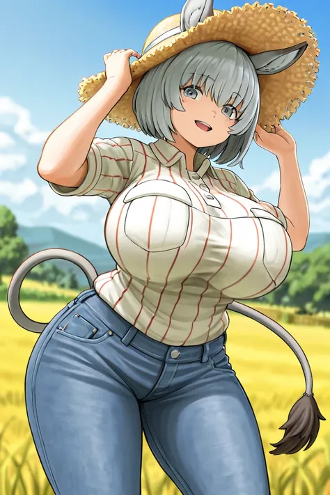  Donkey tail anime girl. Donkey ears. Gray hair.  gray eyes.  smiling. farmer clothes. polo blanco.  jeans pants .  straw hat .  big breast.  Breasts.