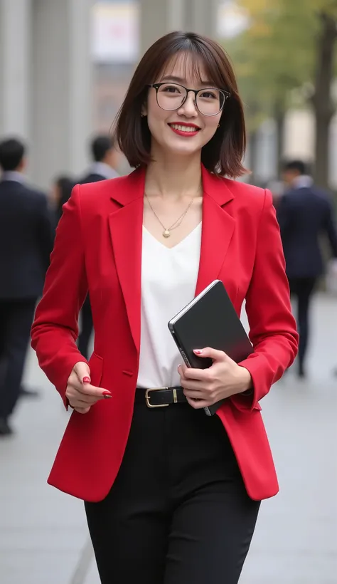 Side view, full body, walking on street , in Seoul city, right hand hold Apple note personal computer, IT company general manager, beautiful Korean carrier woman , 30-age ,( intelligence face, bob cut, fringe, beautiful brown eye, red lips, black eyeglass,...