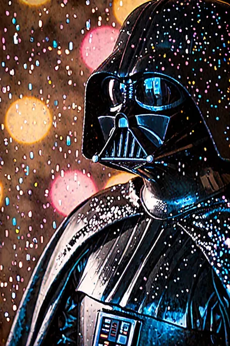 Darth Vader dressed in his iconic black armor and cape. The cape is a glittering black fabric, shimmering effect. He is looking downwards as if he's (sad:1.1). Film grain, faded colors, vintage, blurry background, bokeh, party, shades of pink, yellow, and ...