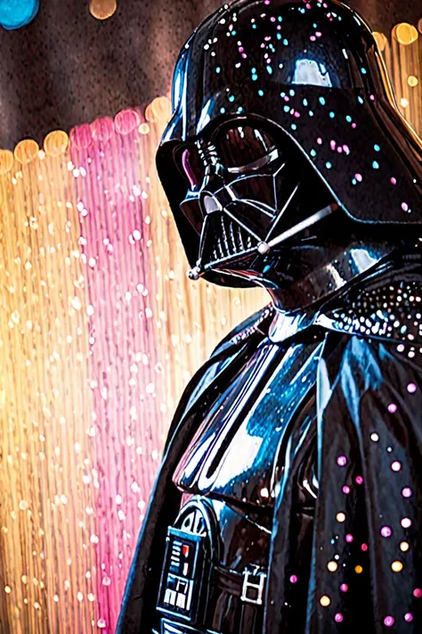 Darth Vader dressed in his iconic black armor and cape. The cape is a glittering black fabric, shimmering effect. He is looking downwards as if he's (sad:1.1). Film grain, faded colors, vintage, blurry background, bokeh, party, shades of pink, yellow, and ...