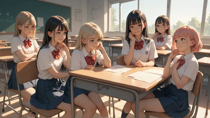 High school girls, gathered together for classes, summer school, Class sitting on chairs, smiling a little