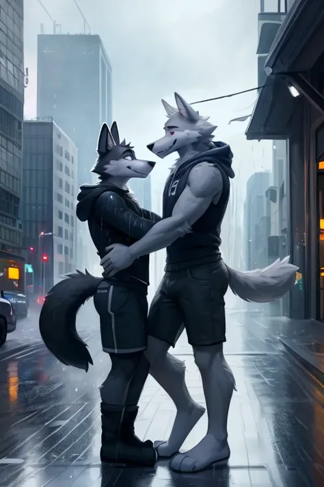 (((2,people,wearing black shorts and a gray hoodie, Wendell - Fortnite, A furry character wolf that's mostly gray with some black fur on his back and legs with a white torso  his head has black and white fur and has dog/wolf like ears which has black fur ,...