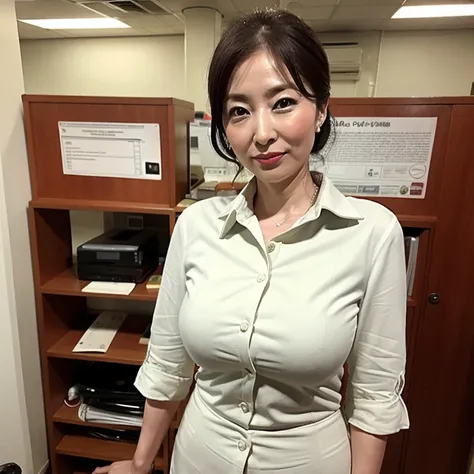 organic photography, highest quality, masterpiece, ultra high resolution, beautiful japanese old lady, 50 years old, looking at the viewer, elegant face, serious, big breasts, The chest is exposed through the business shirt, short mini skirt, earrings, off...