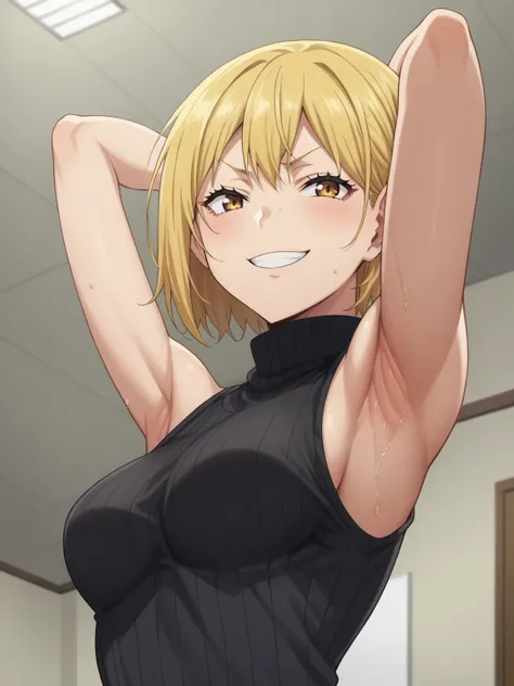 score_9, score_8_up, score_7_up, source_anime, anime screencap, 1girl, solo, hitoka yachi, blonde hair, short hair, eye yellow, black sweater, sleeveless sweater, ribbed sweater, turtleneck, bare shoulders, bare arms, arm behind head, armpit, head towards ...