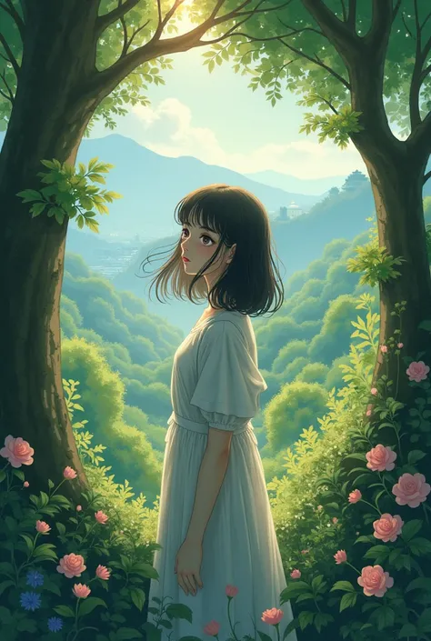 Put a anime girl looking into Japan from a forest