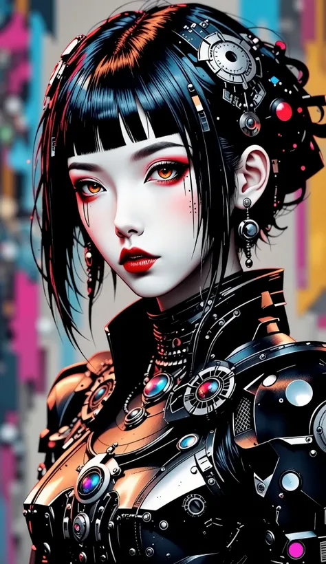 ((best quality)), ((masterpiece)), (detailed), perfect face of cyberpunk mecha japanese girl, shiny black eyes, shiny black body, shiny black hair, ((monochromatic black color palette)), surreal, art nouveau, in the illustrative style of moebius, spaceship...