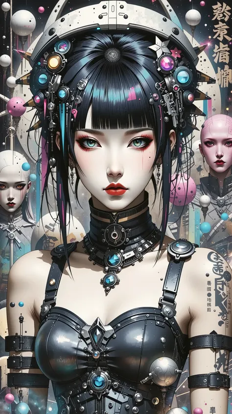 ((best quality)), ((masterpiece)), (detailed), perfect face of cyberpunk mecha japanese girl, shiny black eyes, shiny black body, shiny black hair, ((monochromatic black color palette)), surreal, art nouveau, in the illustrative style of moebius, spaceship...