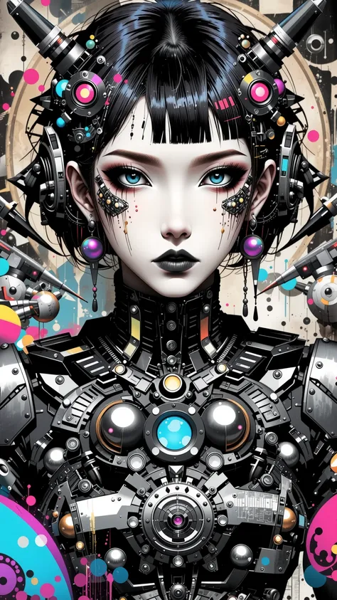 ((best quality)), ((masterpiece)), (detailed), perfect face of cyberpunk mecha japanese girl, shiny black eyes, shiny black body, shiny black hair, ((monochromatic black color palette)), surreal, art nouveau, in the illustrative style of moebius, spaceship...