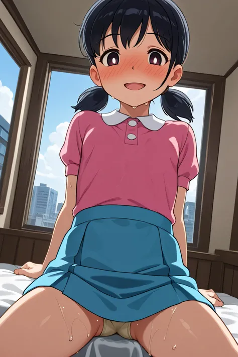 shizuka_minamoto,1 female,solo, rating_SAFETY,looking at viewer,
I_,wet Black hair,low twin tail,short twin tail,dark eyes,
sunny outdoor,smile,day,cloudy,city,
face_concentration,close-up,

pink shirt and knee-length,white collar,blue skirt,

beautiful le...