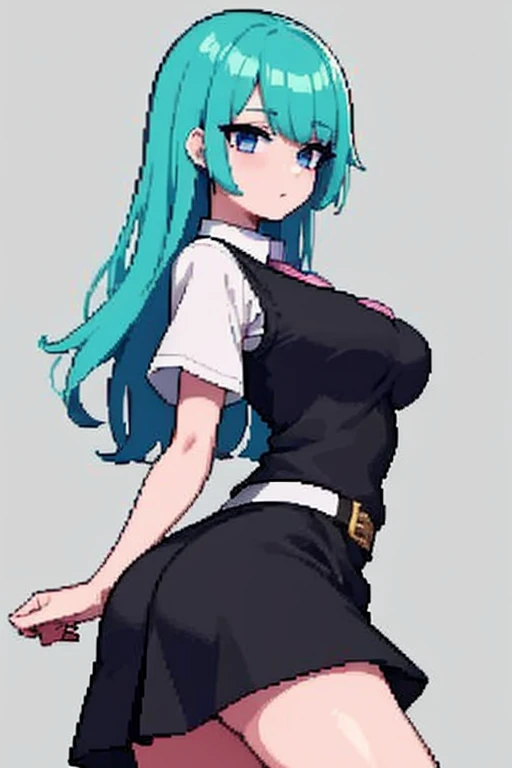  White skin color, eye color green , Pink hair color,  a hair shaped like Makima , medium breasts and slightly large butt , wearing a dress with a large black skirt going up to the thighs,  a half-morbid gray shirt with a black shirt vest,  in addition to ...