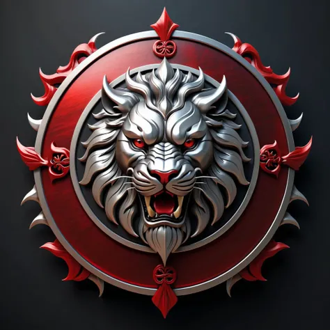 Realistic Round Shield Shape Emblem of a Chinese Platinum&Red Lion, Dark Theme, Face and Body, Cool, Platinum&Red Crown, Platinum&Red Lions For Honor Name, Cinematic, Dark Fantasy, Illustration, 4k, Ultra Resolution, 3Dv0.2v0.2 Render