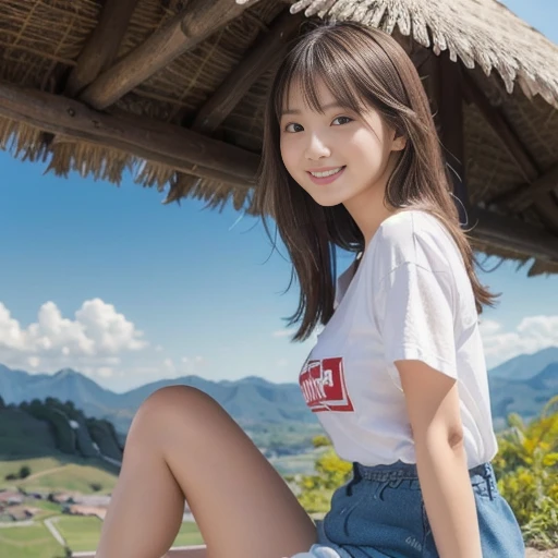 A woman sits on the roof of a hut, sunbathing. She is wearing a red T-shirt and denim skirt (white panties are visible: 1.1). (Panty shot: 1.2) Shot from the front, from head to knees, she is posing in a relaxed manner in the strong sunlight. Beautiful mou...