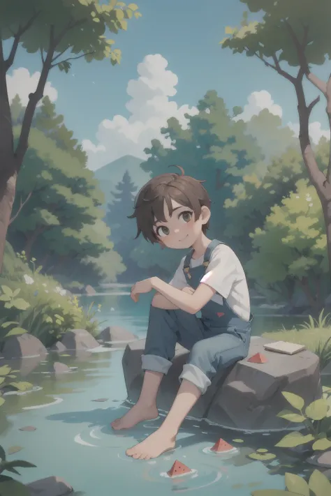 masterpiece,best quality, overalls, white shirt, (1boy:1.2), (sitting on rock:1.2), barefoot,leaning back, two Feet in the water,head tilt, happy, very short hair, brown hair,(looking at viewer:1.2), sky,forest, river, Watermelon floating on the water,