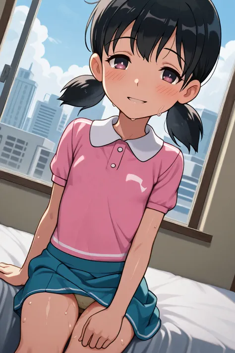 shizuka_minamoto,1 female,solo, rating_SAFETY,looking at viewer,
I_,wet Black hair,low twin tail,short twin tail,dark eyes,
face_concentration,close-up,smile,
sunny outdoor,smile,day,cloudy,city,

pink shirt and knee-length,white collar,blue skirt,

beauti...