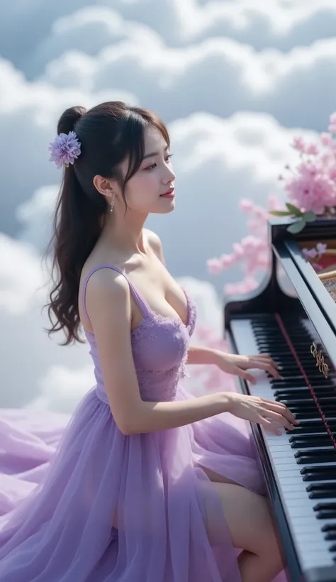 In a sea of clouds , A 20-25 year old haired Asian female star,Play the piano in the face of the piano, sweet smile ，Eyes that are charming,Purple Translucent Little Dress,slit skirt，Big . cleavage is obvious, A luxurious platform piano , art style ，Epic s...