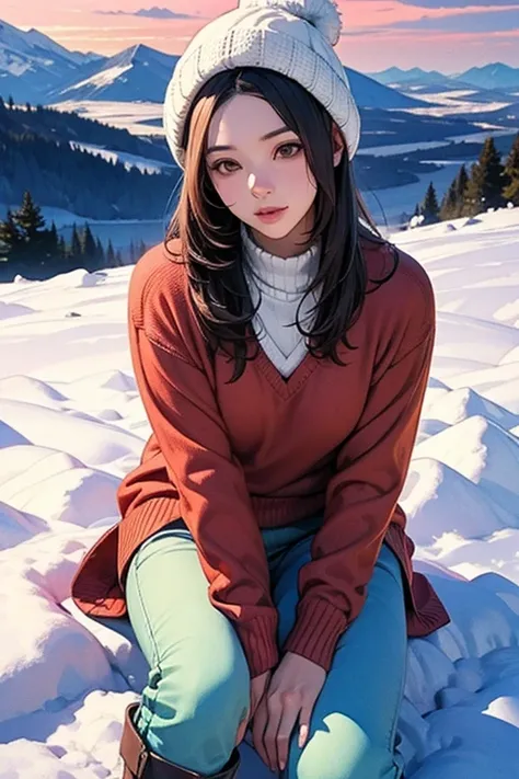  intense watercolor、 young Japanese woman 、Brown-black long hair 、 v-neck red sweater 、yellow winter clothes 、 white woolen hat、blue narrow pants 、 black boots、 beautiful faces 、 brown eyes、 pink lips、 Face Details 、Above the knee shot、Hokkaido's Snowy Sce...