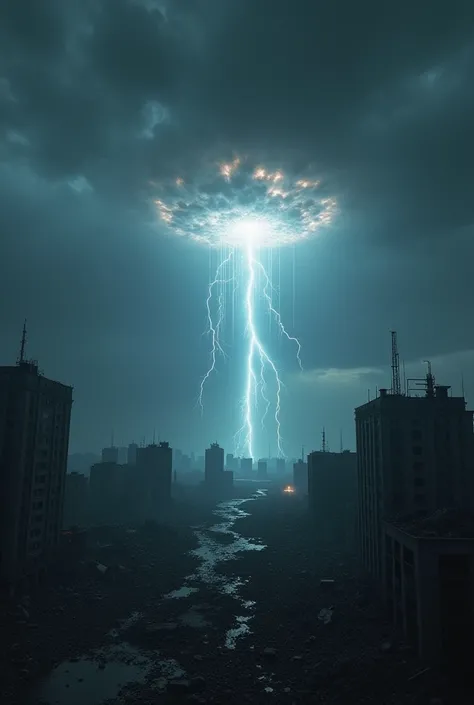 A dark, cloudy sky with streaks of lightning illuminating the ruins of a modern city. A mysterious, glowing object is seen descending from the sky with an ominous aura, casting long shadows over the destruction.